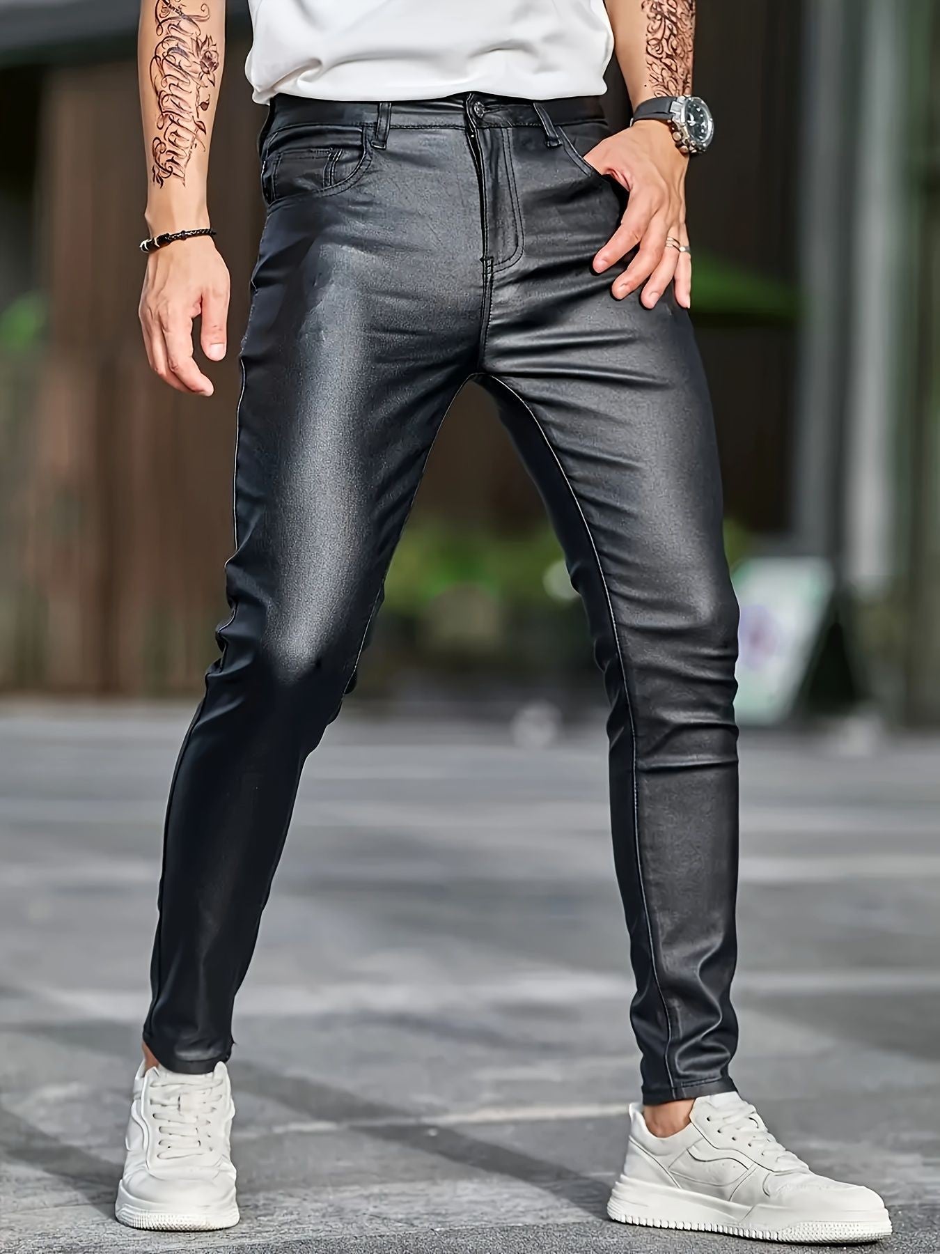 European and American men's plus size hot fashion black leather pants trend high-end slim fit small leg pants versatile pants