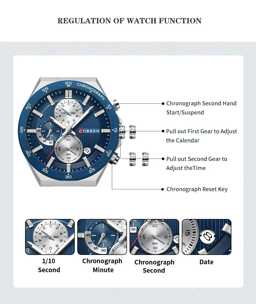 CURREN Classic 43mm Men's Watch Chronogrph Quartz Wristwatch with Stainless Steel Band Luminous Hands Auto Date