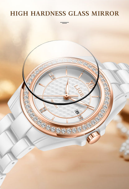 LIGE Fashion Quartz Watch for Women Stainless Steel Ceramics Strap Waterproof Women's Watches Elegant Luxury Ladies Wristwatch