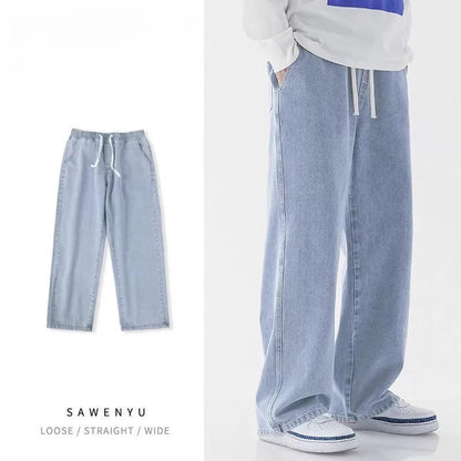Casual Outdoor Men's Jeans Elastic Waist Loose Fit Long Pants Spring Autumn Workwear Comfortable Straight Leg Blue Denim
