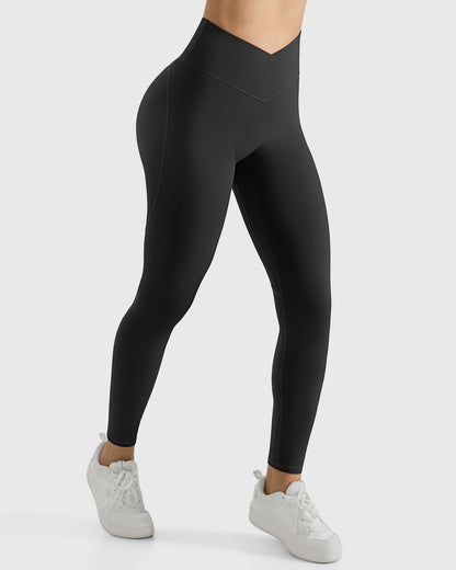 Women V Cross Waist Butt Lifting Leggings with Pockets High Waist Yoga Pants Workout Running Gym Fitness Sports Leggings Female