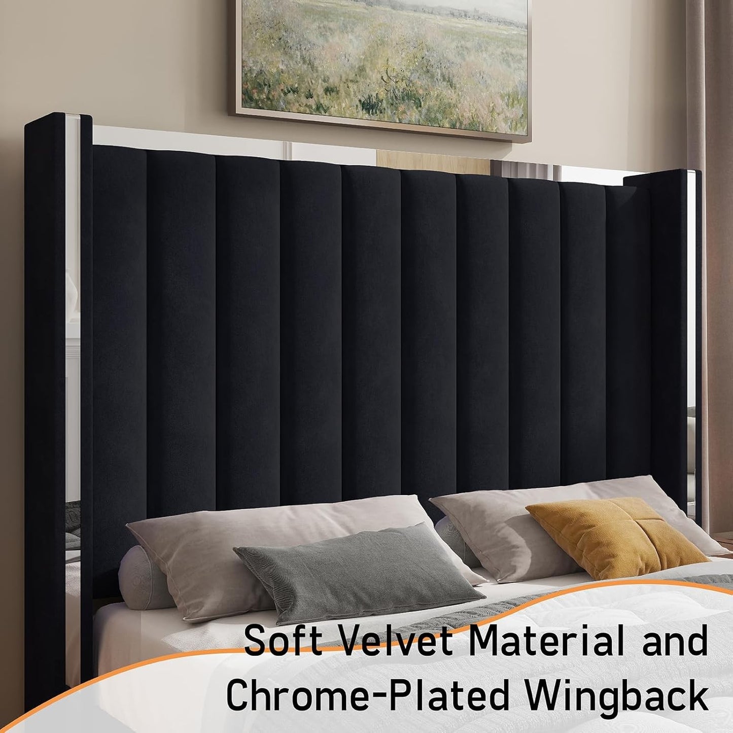 Estrutura de Cama Queen Size com Cabeceira de 147 cm de Altura, Cama Plataforma Estofada em Veludo com Cabeceira de Asas com Capitonê Canalizado e