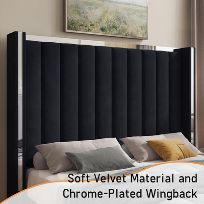 Estrutura de Cama Queen Size com Cabeceira de 147 cm de Altura, Cama Plataforma Estofada em Veludo com Cabeceira de Asas com Capitonê Canalizado e