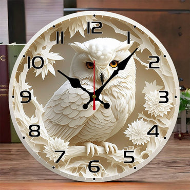 White Owl Wooden Round Silent Hanging Wall Clock, Suitable For Living Room, Office, Study Room, Bedroom, Home Decoration