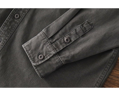 2025 Spring New American Retro Heavyweight Woven Cargo Shirt Men's Simple 100% Cotton Washed Double Pocket Blousers Loose Caot