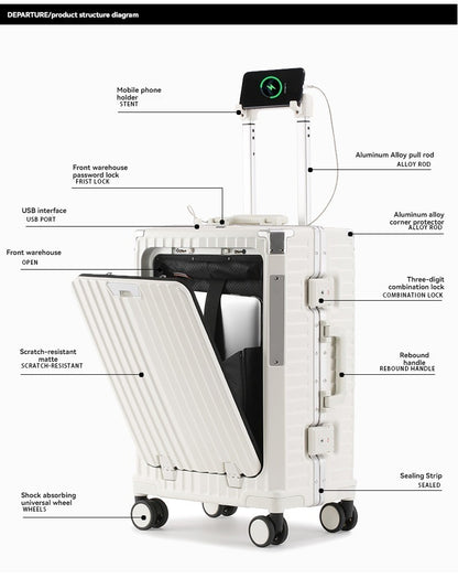 Front opening luggage compartment, PC aluminum frame, 20 inch boarding case, password travel case, luggage trolley case