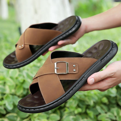 Men Summer Stylish Slippers Open-toe Soft-Soled Shoes Simple Solid Color Half Drag Slip-On Shoes Outdoor Man Comfortable Sandals