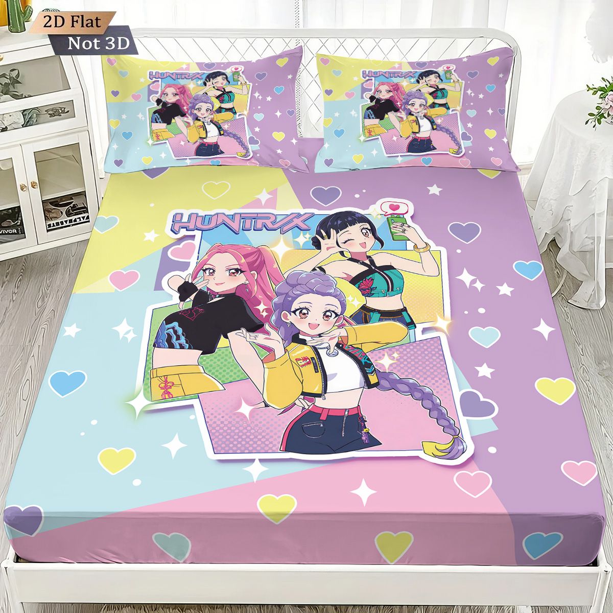 3 Peças K-Pop Caça-Demônios Estampa Lençol Sem Elástico Conjunto de Lençol Multi Tamanho Capa de Cama Macia Decoração de Quarto Lavável à Máquina