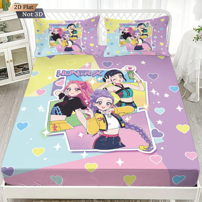 3 Peças K-Pop Caça-Demônios Estampa Lençol Sem Elástico Conjunto de Lençol Multi Tamanho Capa de Cama Macia Decoração de Quarto Lavável à Máquina