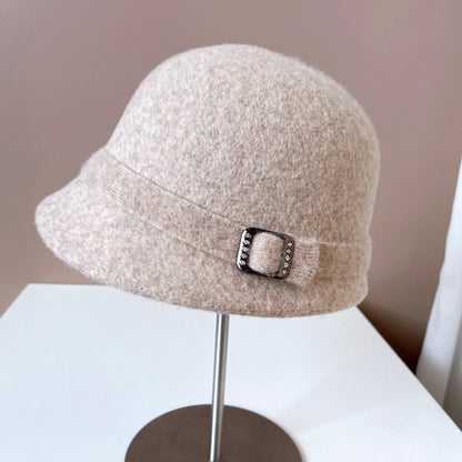 Chapéu de Lã Japonês Feminino Outono Inverno Quente de Tricô Fivela de Diamante Fita Chapéu de Pescador Chapéu de Bacia Pequena Frente e Verso
