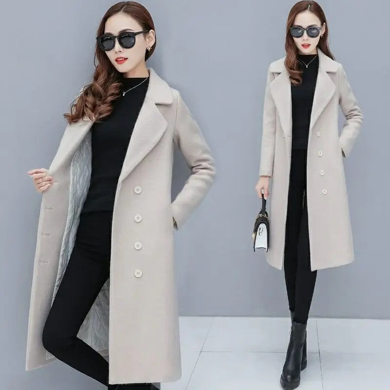 Medium-Length Women's Woolen Jacket Spring Autumn Winter Warm Simple Long Sleeve Overcoat Long Style For All Seasons