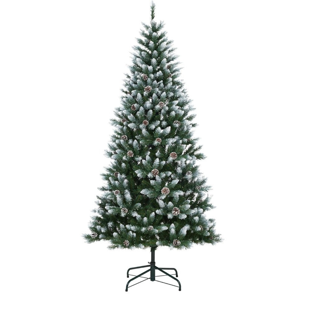 Pre-Lit Flocked Artificial Christmas Tree 6‘/9’ with Warm White LED Lights, Realistic Pine Branches, Snow Covered Xmas Tree, Slim Space Saving Design, Sturdy Metal Stand, Indoor Outdoor Holiday Decoration