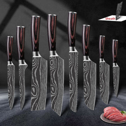 Conjunto de Facas Japonesas com Bloco e Amolador de 8 polegadas, Facas de Cozinha de Aço Damasco a Laser com Tesoura de Cozinha e Cabo de Madeira