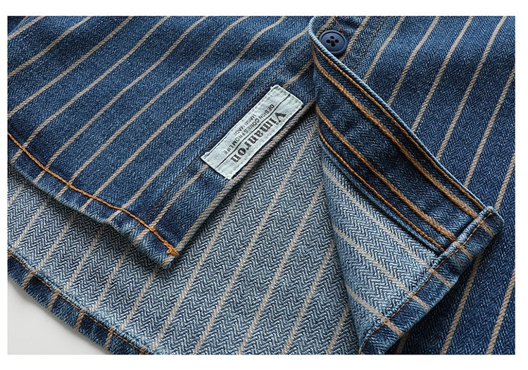 American Retro Workwear Long Sve Denim irt Loose Casual Striped ket irt Youth Trend Autumn Wear Iron Free