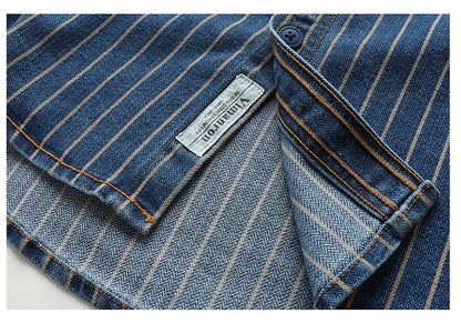 American Retro Workwear Long Sve Denim irt Loose Casual Striped ket irt Youth Trend Autumn Wear Iron Free