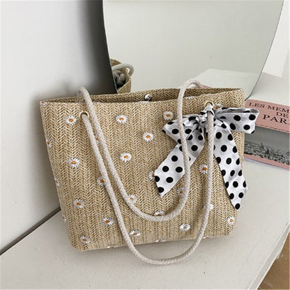 New Fashion Straw Shoulder Bags Fashion Large-Capacity Silk Scarf Tote Bag Beach Bag Women Shopping