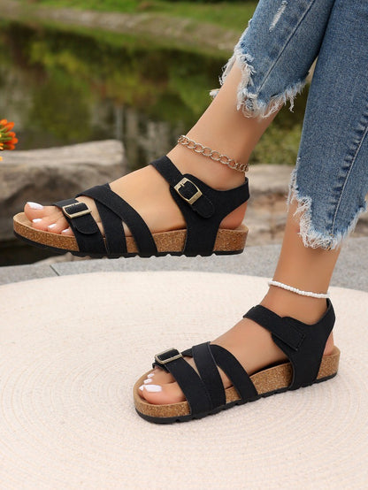 2025 Hot selling Retro Buckle Strap Cork Sandals Women Summer Cross Strap Flat Sandals Woman Comfortable Non Slip Shoes