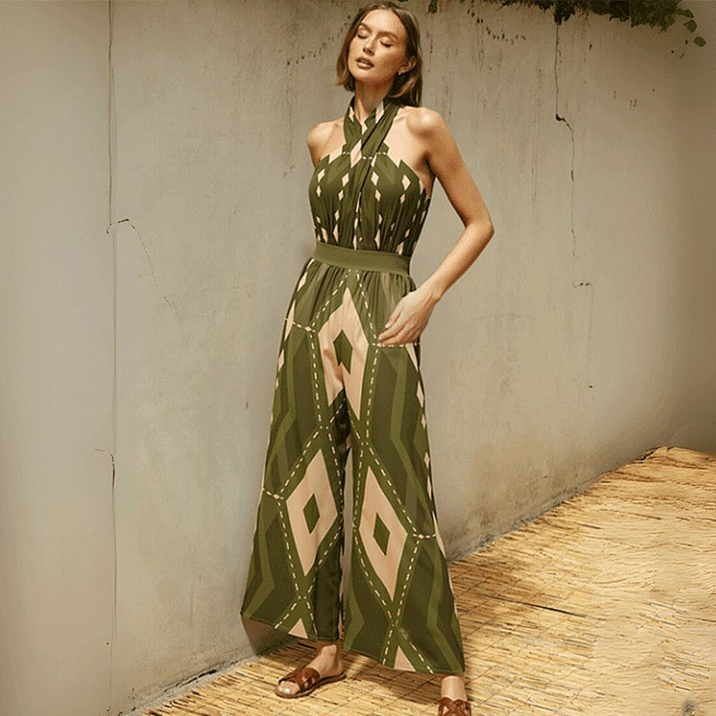 Women Bikini Push Up Swimsuit Halter Neck Geometric Pattern Print One Piece Swimsuit Backless Summer Swimwear Bathing Suit