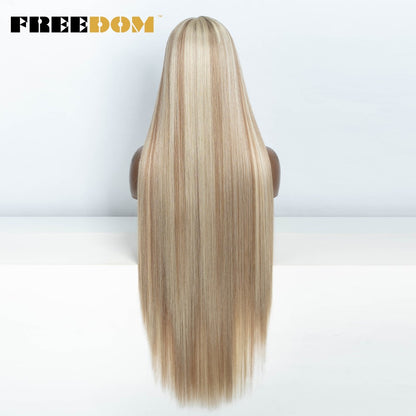Peruca frontal de renda sintética FREEDOM para mulheres, 38 polegadas, longa, lisa, ombré, marrom, vermelho, gengibre, destaque, perucas frontais de renda, peruca de cosplay