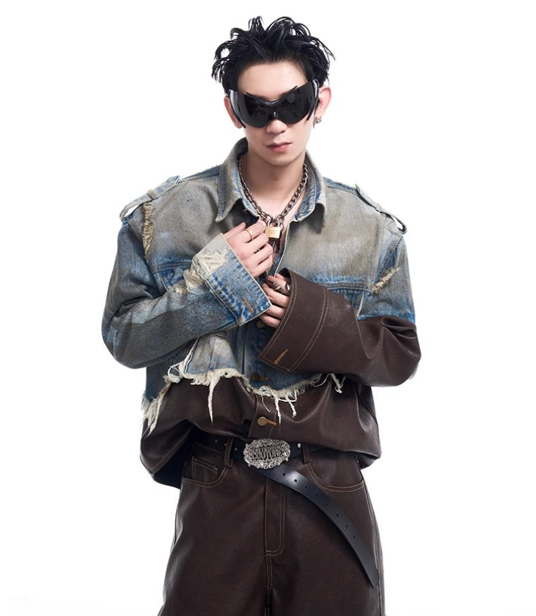 2024 American vintage do old piece-leather destruction denim jacket men fall dirty jacket