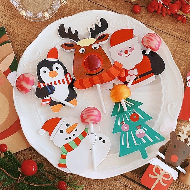 Christmas Lollipop Paper Cards Cartoon Santa Claus Penguin Snowman Kids Candy Gifts Package Wrapping New Year Party Decoration