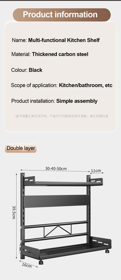 3 Tier Spice Storage Rack for Countertop Adjustable Spice Organization for Cabinet Kitchen Organizer Metal Shelf Black