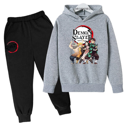 Anime Demon slaying ninja Suitable for children's hooded sweatshirt outerwear pants set autumn winter clothing for boys girls