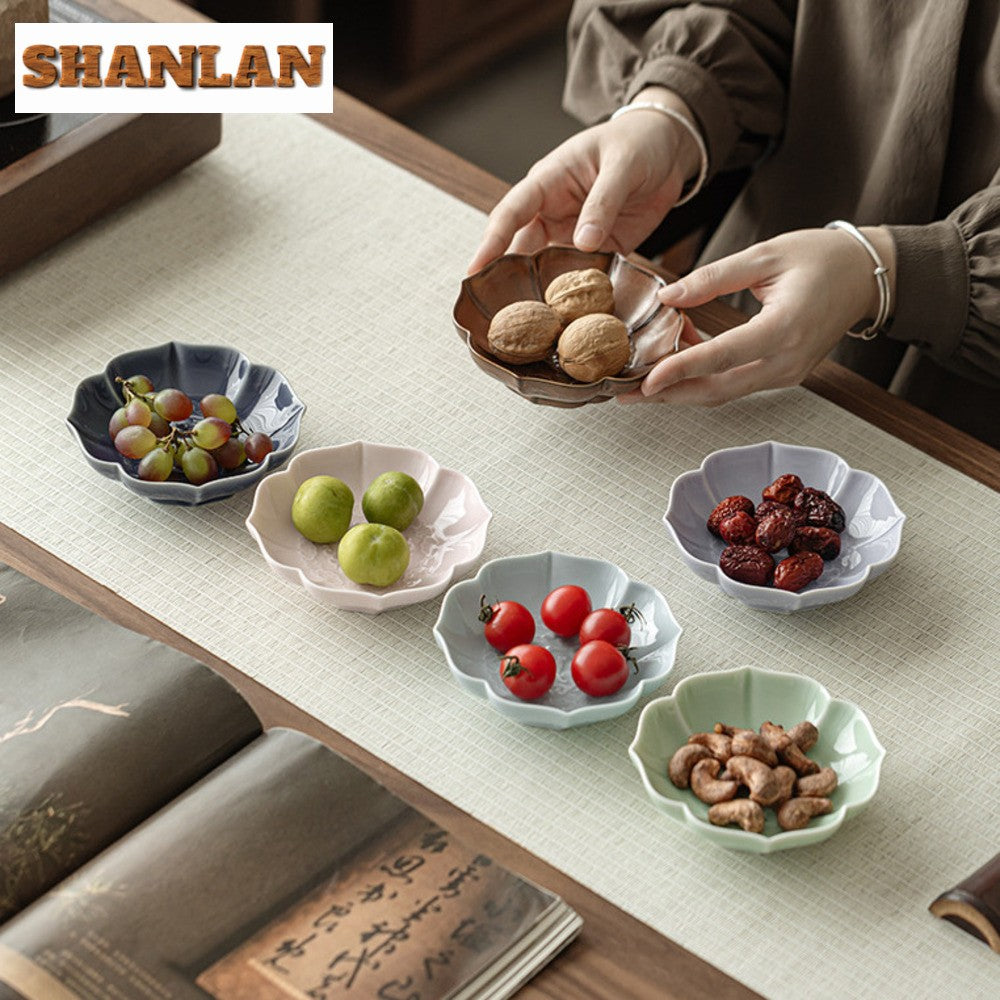 Creative Lotus Pattern Fruit Plate Zen Ceramic Snack Plate Retro Fruit Dishes Boutique Pastry Plate Hospitality Dishes Crafts
