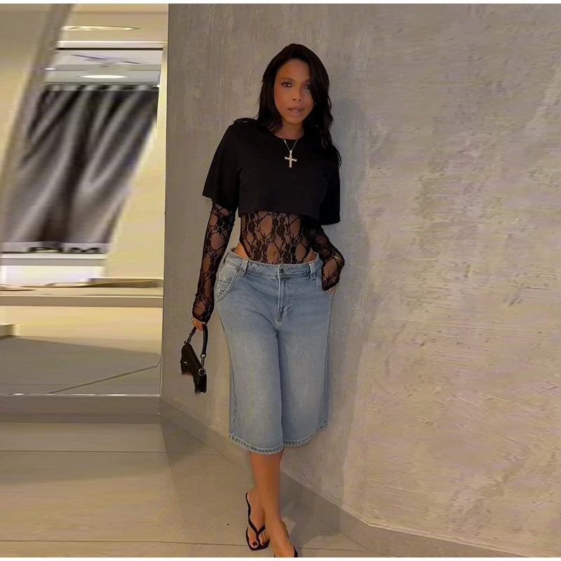 Women Crop Top Sheer Lace Bodysuit Short-Sleeve Layered 2025 Fashion Summer Sexy Outfit Trendy Party Chic Edgy Hot Lady Vestido