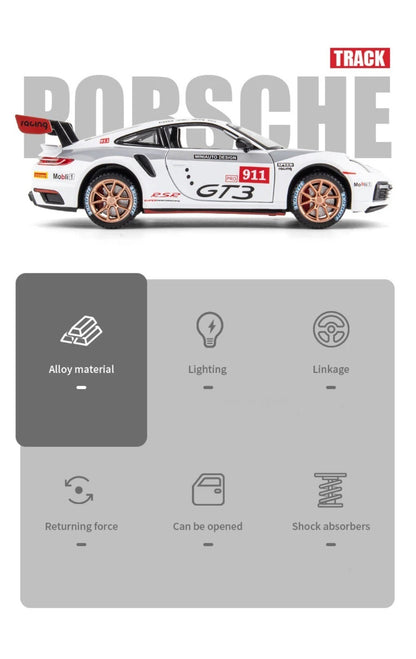 1:24 Alloy Porsche 911 GT3 RSR Sports Cars Diecast Miniature Models Toy with Sound Light Pull Back Vehicle Boys Collection Gifts