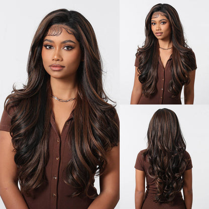 HENRY MARGU Peruca Sintética Lace Front 13x6 Peruca Longa Castanho Cinza Cabelo Ondulado Natural para Uso Diário Peruca de Fibra de Alta Temperatura