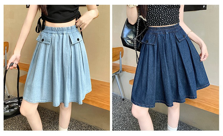 Casual Summer Plus Size Midi Denim Skirts Woman Preppy Loose A-line Ruffles Skirt With Shorts Elastic Waist Jeans Skirts Women