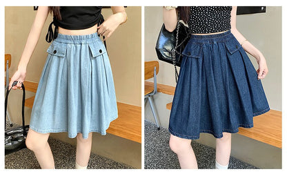 Casual Summer Plus Size Midi Denim Skirts Woman Preppy Loose A-line Ruffles Skirt With Shorts Elastic Waist Jeans Skirts Women