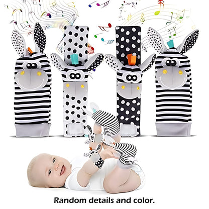 Conjunto com 4 peças de chocalhos de pulso e meias para bebês 0-12 meses, meninos e meninas, brinquedos educativos para o desenvolvimento inicial, presentes sensoriais fofos para bebês