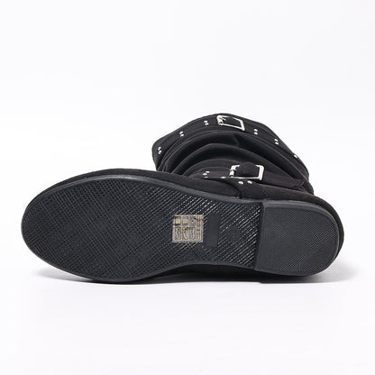 Rivet side zipper buckle flat bottom fashionable solid color comfortable European and American ladies youth mid-calf boots