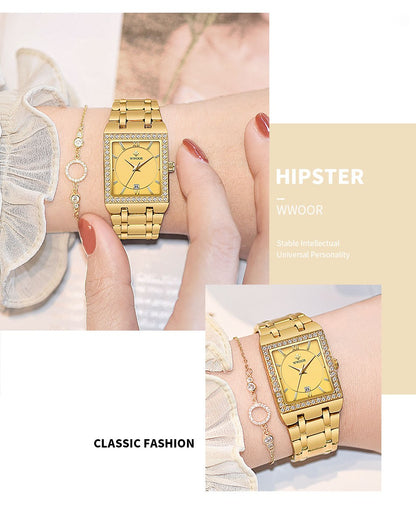 WWOOR Top Brand Luxury New Ladies Diamond Watch Fashion Square lady Wrist Watch Simple Women Dress Small Watch Relogio Feminino