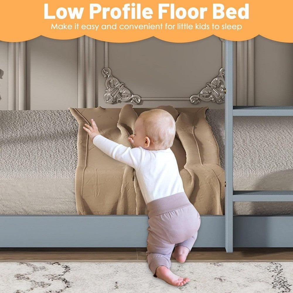 Bunk Bed Twin Over Twin, Wood Low Profile Floor Twin Bunk Beds with Ladder Guardrails , No Box Spring Needed