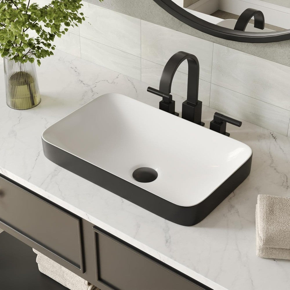 Vessel Sink Rectangle, Black & White Semi Recessed Bathroom Sinks, 18.9x11.61 Modern Rectangular Top Counter Bathroom