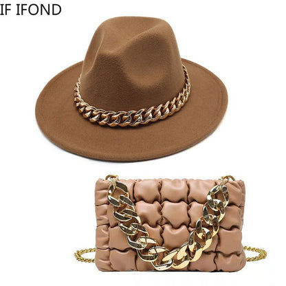Conjuntos de 2 Peças para Mulheres com Bolsa Grande e Corrente, Chapéu Fedora, Moda 2022, Luxo, Festa, Casamento, Chapéu de Jazz ?????