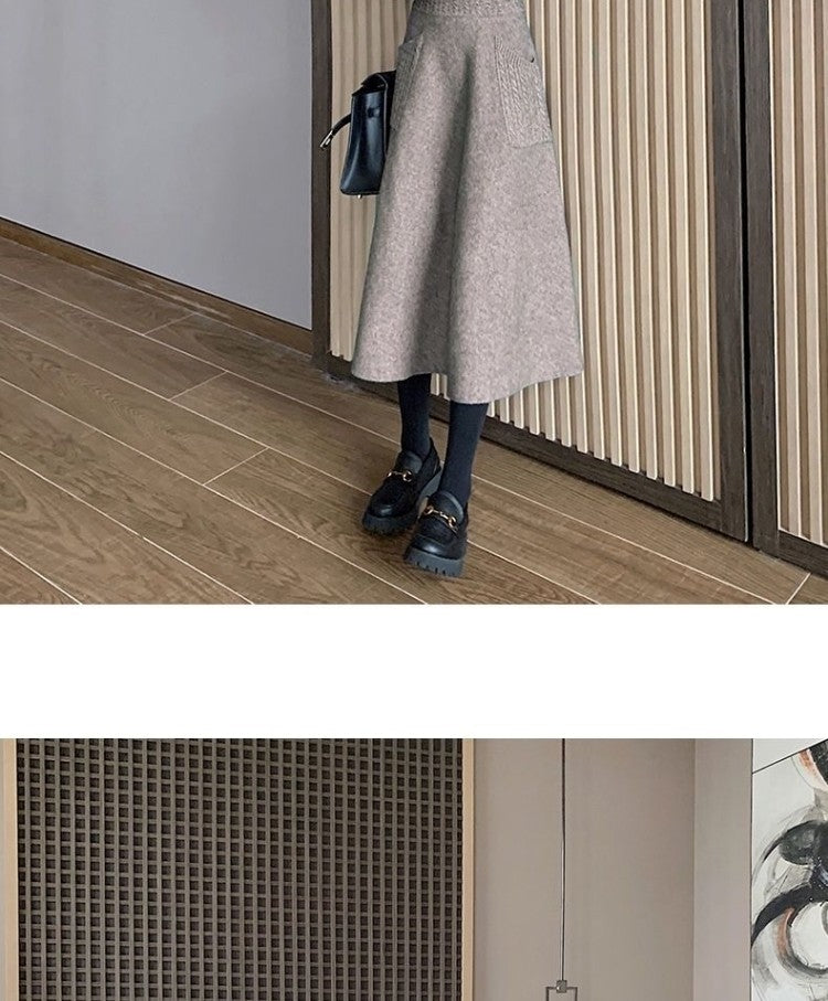 Autumn Winter Women's Mid-Length Knitted Pleated Skirt High Waist A-Line Long Skirt Loose Fuzzy Wool Skirt Double ket
