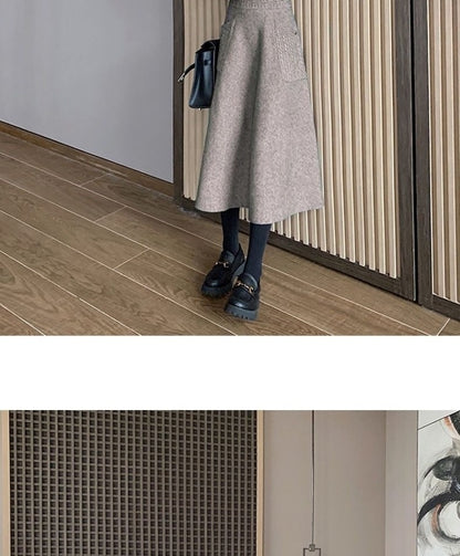 Autumn Winter Women's Mid-Length Knitted Pleated Skirt High Waist A-Line Long Skirt Loose Fuzzy Wool Skirt Double ket