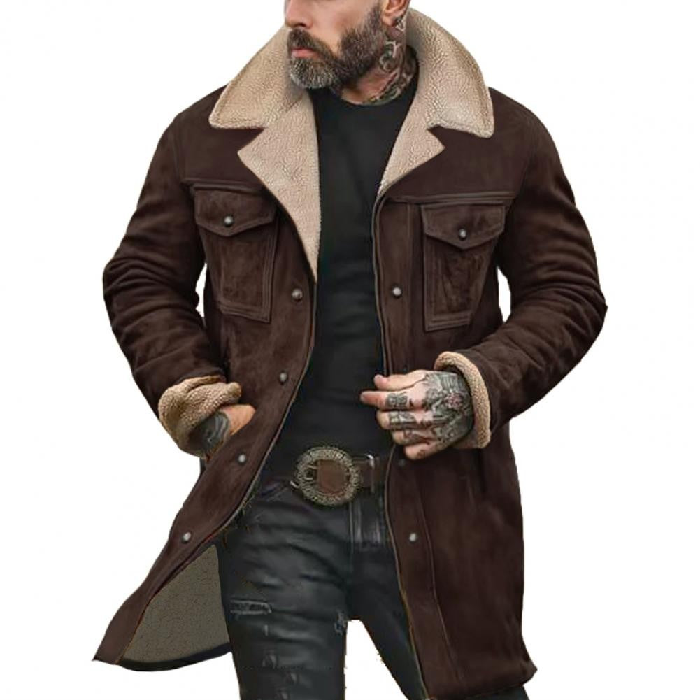 Autumn Winter Men Jacket Lapel Single-Breasted Mid-Length Coat Windproof Jacket Suede Multi Pockets Outerwear Men Clothing