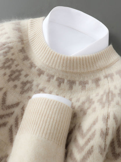 Men's 100% Merino Wool Pullover Sweater O-neck Fair Isle Jacquard Loose Casual Knitwear Long Sleeve Cashmere Tops Autumn Winter