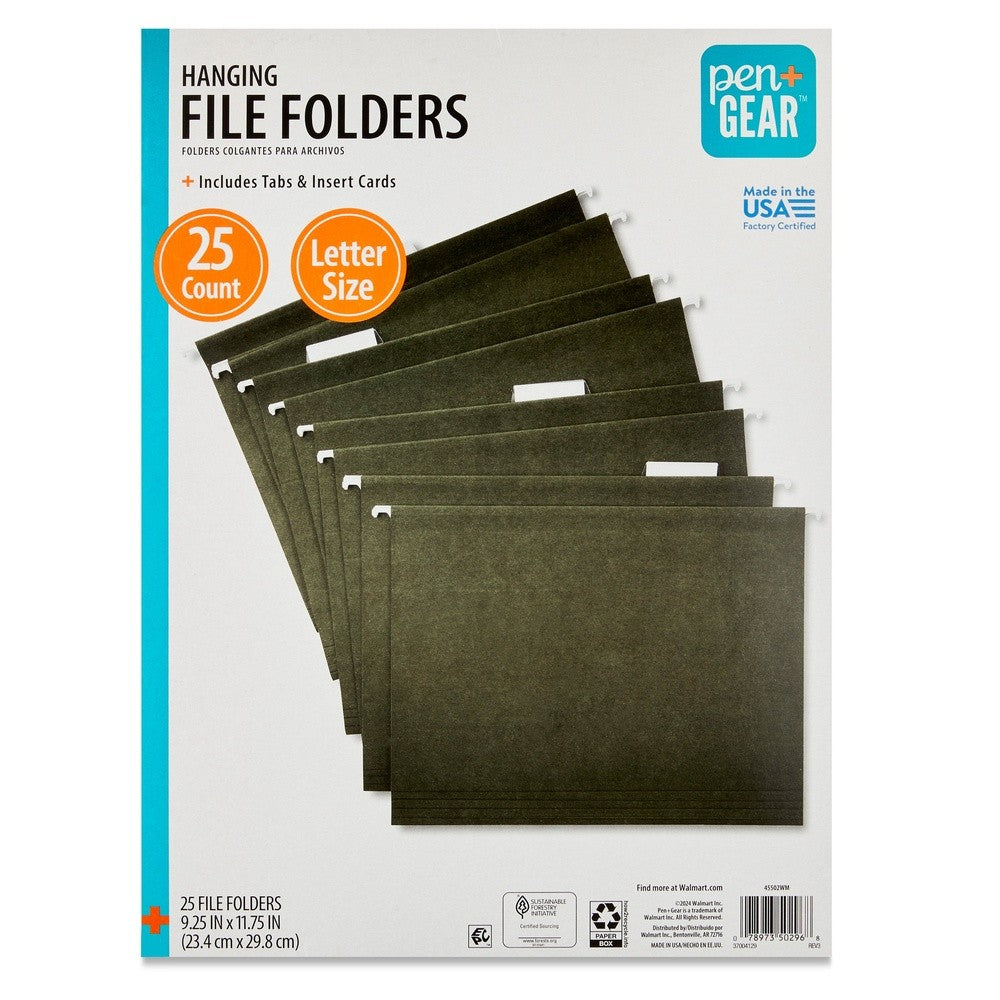 Standard Green Hanging File Folders Letter Size 1/5 Cut Tabs Inserts Box of 25 Durable Organizers Home Office Filing