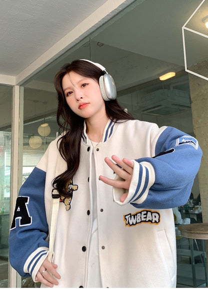 New Autumn and Winter Padded Baseball Jersey Women American Retro Loose Sweater Women Jacket