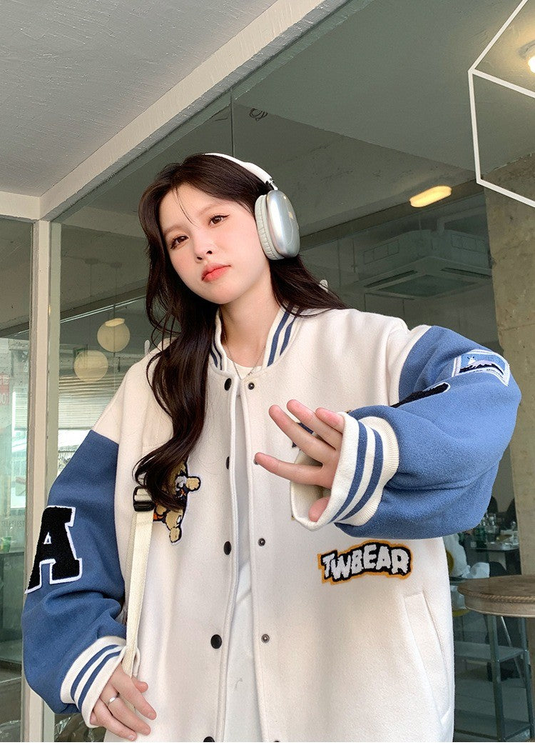 New Autumn and Winter Padded Baseball Jersey Women American Retro Loose Sweater Women Jacket