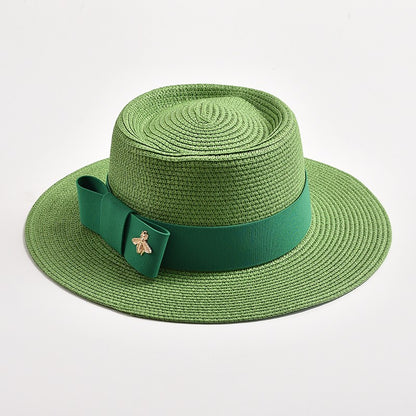 Novos Chapéus de Palha Primavera Verão Femininos de Superfície Ondulada, Topo Reto, Laço, Boné de Vestido, Chapéu de Sol para Viagem e Praia, Gorra