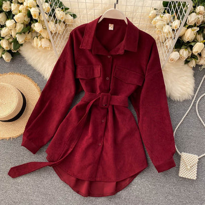 Women Spring Autumn Shirts Retro Cargo Style Pockets Long-Sleeved Shirt Puff Sleeve Bandage Nipped Waist Tops Female PL438