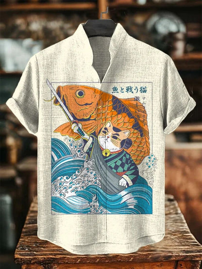 2025 new men's short sleeved shirt, Japanese art printed shirt, summer men's casual cardigan breathable bamboo and linen shirt