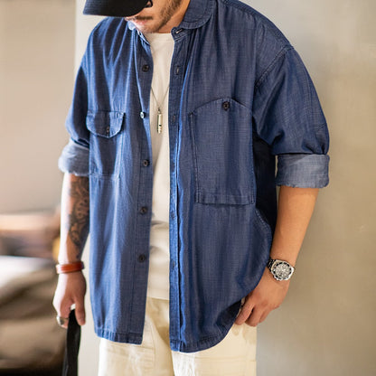 Maden Vintage Denim Shirt for Men's Spring Lightweight CPO Long Sleeve Shirt Lyocell Casual Thin Blue Lapel Collar Blouse